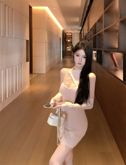 Retro Blush Pink Knit Mini Skirt Charming Cutout Detail Lace Trim Detachable Sleeve Halter Short Dress AP2034