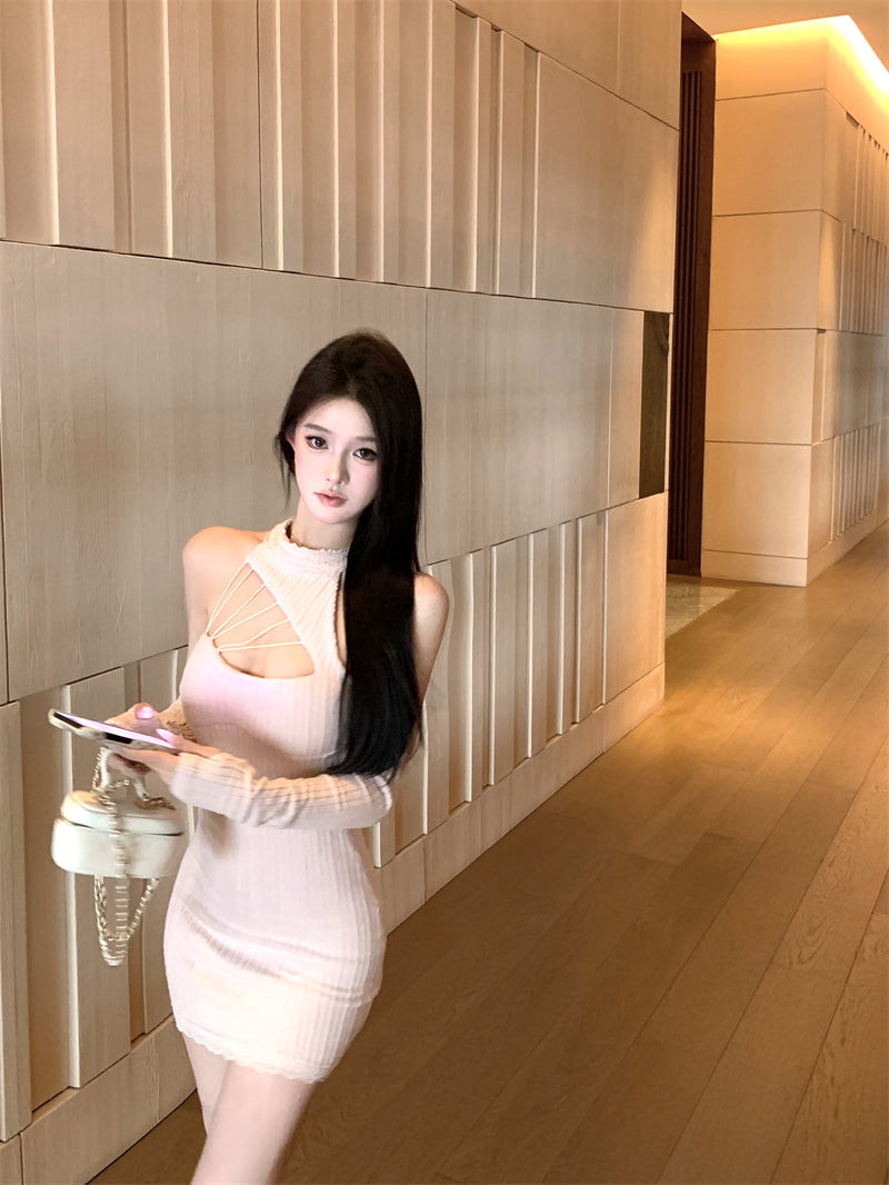 Retro Blush Pink Knit Mini Skirt Charming Cutout Detail Lace Trim Detachable Sleeve Halter Short Dress AP2034