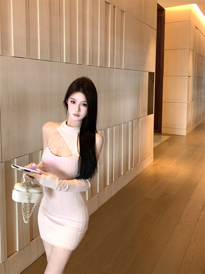 Retro Blush Pink Knit Mini Skirt Charming Cutout Detail Lace Trim Detachable Sleeve Halter Short Dress AP2034