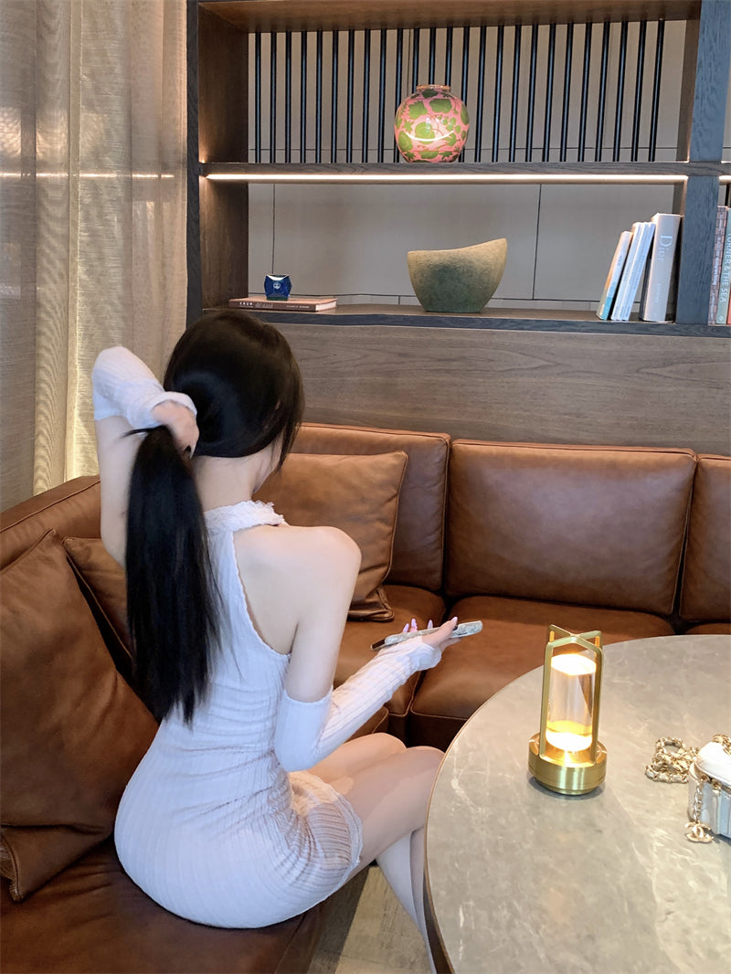 Retro Blush Pink Knit Mini Skirt Charming Cutout Detail Lace Trim Detachable Sleeve Halter Short Dress AP2034