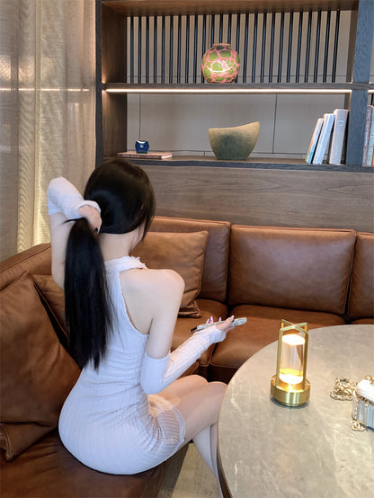 Retro Blush Pink Knit Mini Skirt Charming Cutout Detail Lace Trim Detachable Sleeve Halter Short Dress AP2034