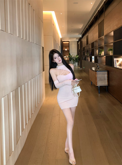 Retro Blush Pink Knit Mini Skirt Charming Cutout Detail Lace Trim Detachable Sleeve Halter Short Dress AP2034