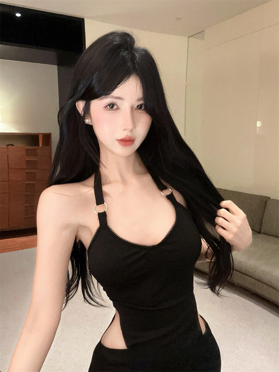 Hot Sales Side Cutouts Lace Trim Black Mini Skirt Elegant Back Tie Bodycon Night Outings Halter Short Dress AP2035