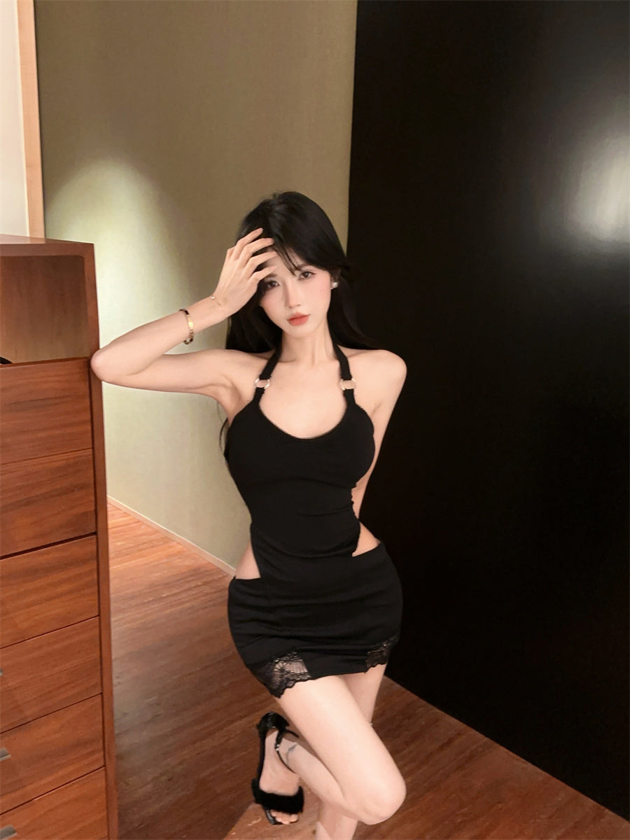 Hot Sales Side Cutouts Lace Trim Black Mini Skirt Elegant Back Tie Bodycon Night Outings Halter Short Dress AP2035