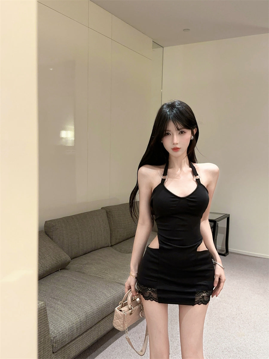Hot Sales Side Cutouts Lace Trim Black Mini Skirt Elegant Back Tie Bodycon Night Outings Halter Short Dress AP2035