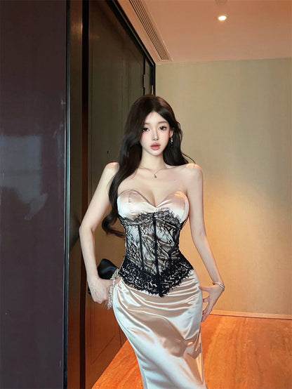 Alluring Champagne Satin Strapless Maxi Skirt Evening Parties Chic Black Lace Corset Long Dress AP2036