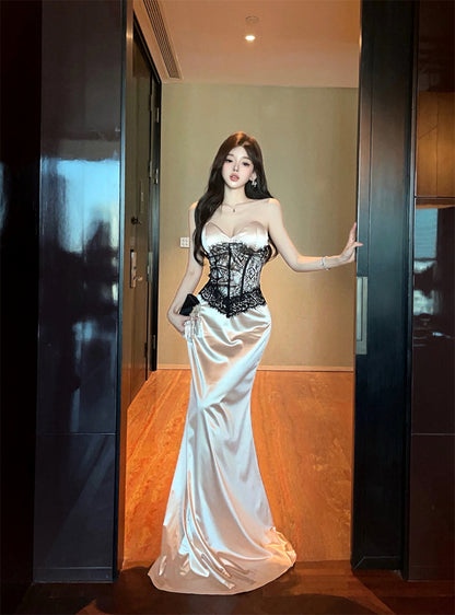 Alluring Champagne Satin Strapless Maxi Skirt Evening Parties Chic Black Lace Corset Long Dress AP2036