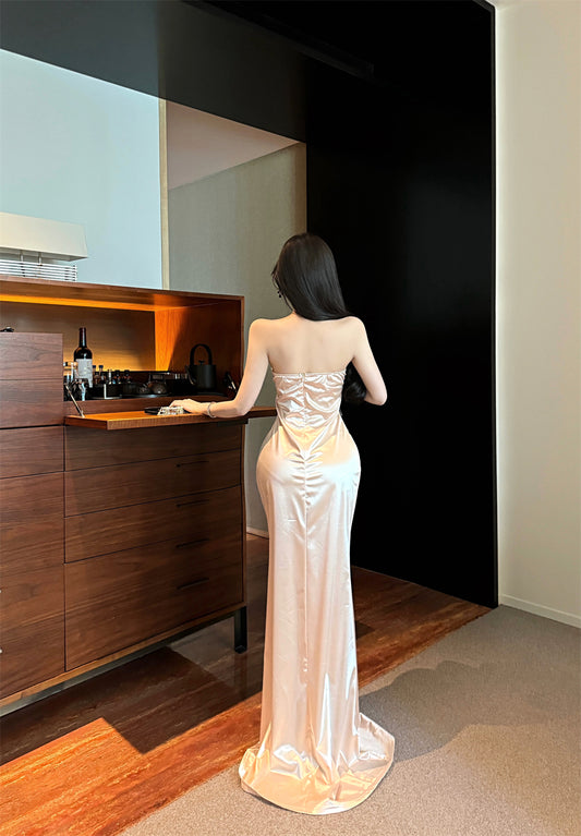 Alluring Champagne Satin Strapless Maxi Skirt Evening Parties Chic Black Lace Corset Long Dress AP2036