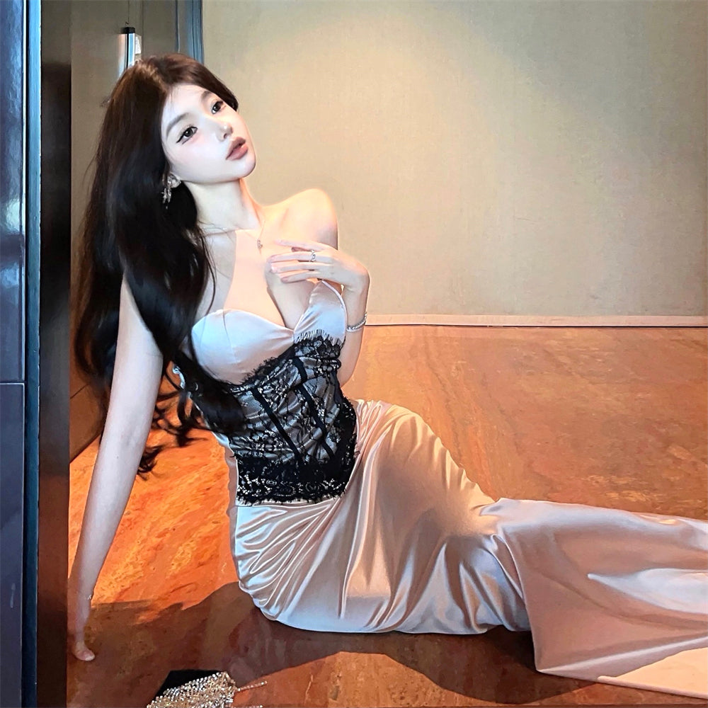 Alluring Champagne Satin Strapless Maxi Skirt Evening Parties Chic Black Lace Corset Long Dress AP2036