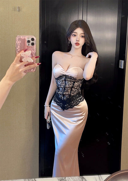 Alluring Champagne Satin Strapless Maxi Skirt Evening Parties Chic Black Lace Corset Long Dress AP2036