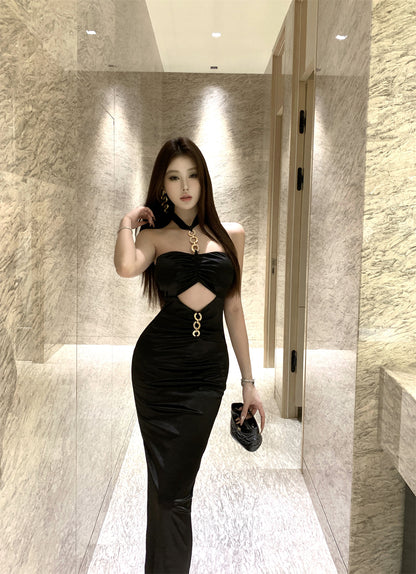 Novelty Black Satin Twist Front Maxi Dress Elegant Gold Hardware Cutout Side Slit Halter Long Dress AP2037
