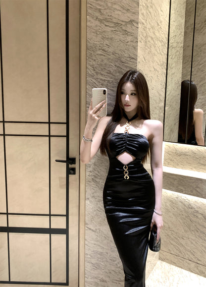 Novelty Black Satin Twist Front Maxi Dress Elegant Gold Hardware Cutout Side Slit Halter Long Dress AP2037