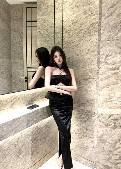 Novelty Black Satin Twist Front Maxi Dress Elegant Gold Hardware Cutout Side Slit Halter Long Dress AP2037