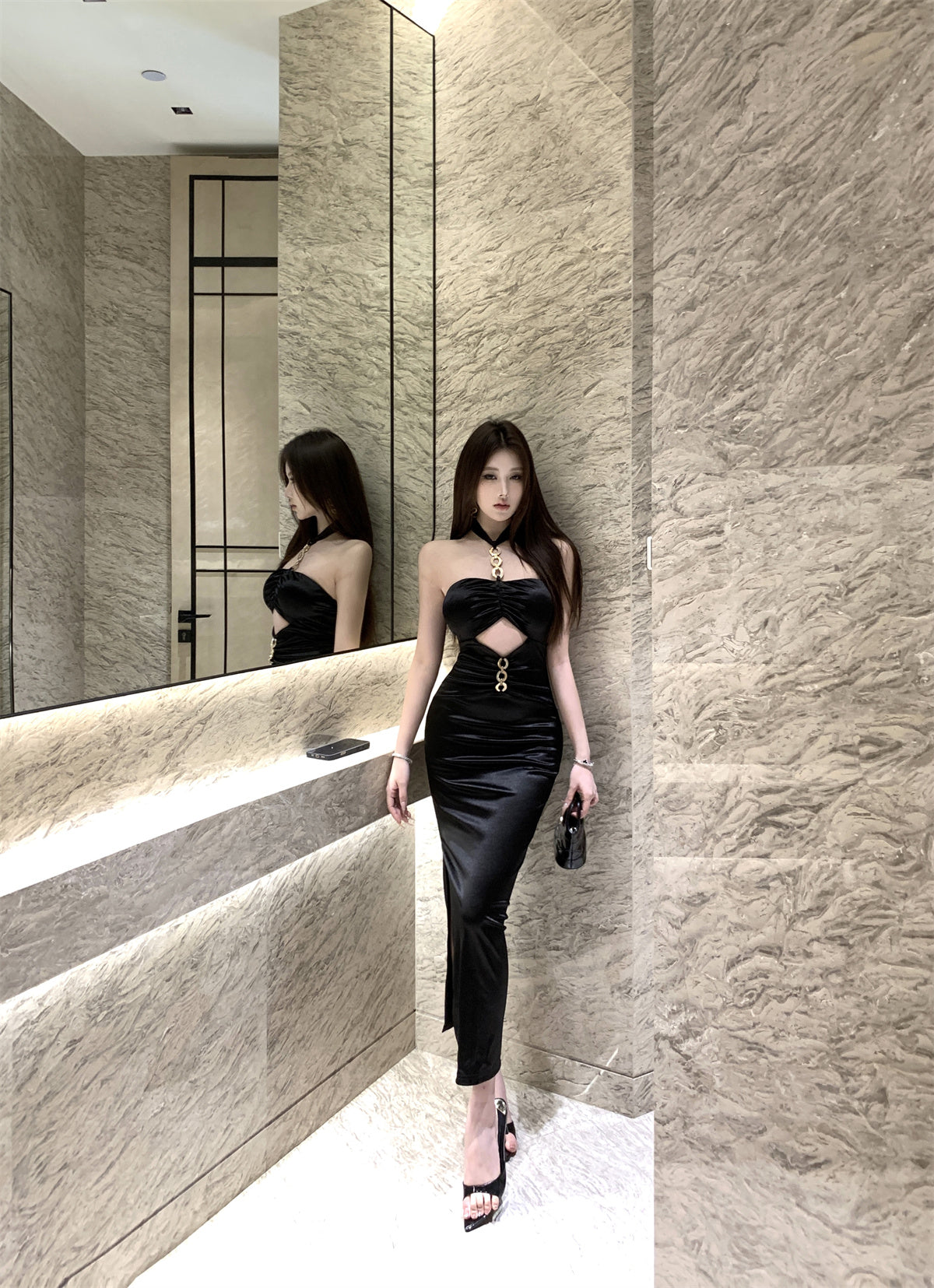 Novelty Black Satin Twist Front Maxi Dress Elegant Gold Hardware Cutout Side Slit Halter Long Dress AP2037