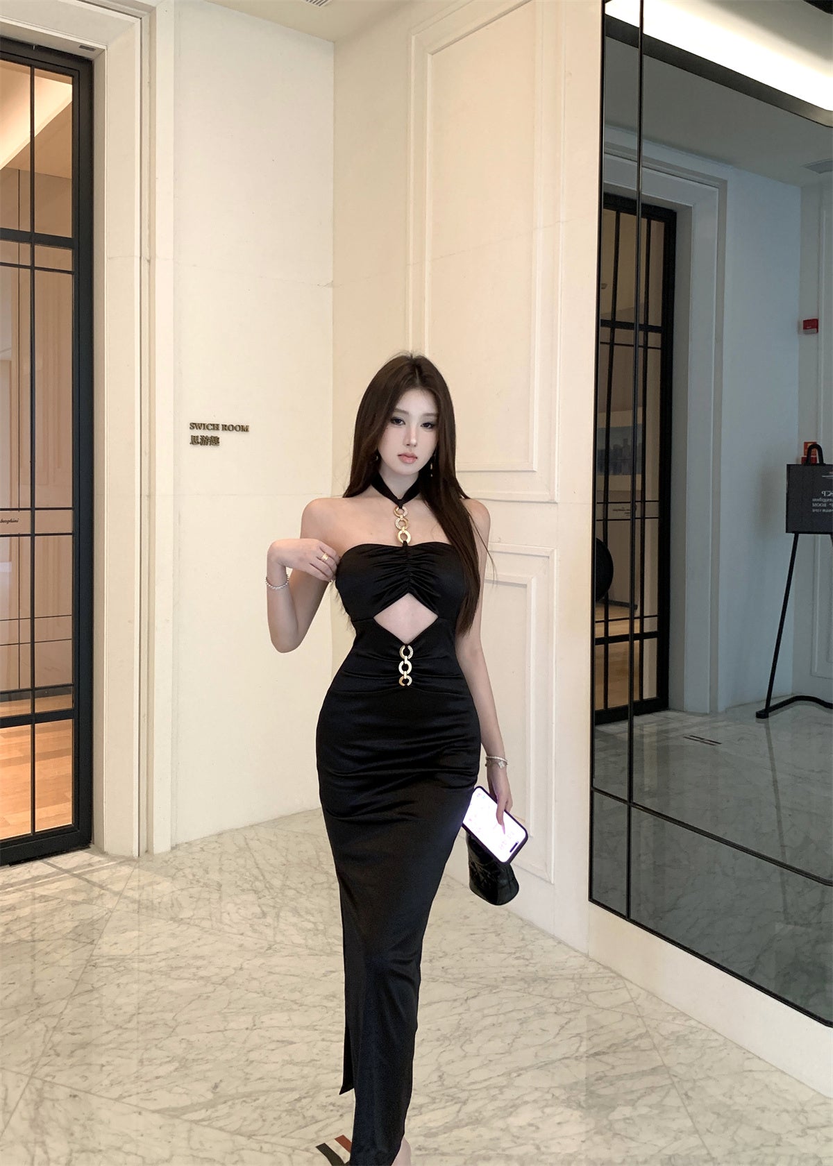 Novelty Black Satin Twist Front Maxi Dress Elegant Gold Hardware Cutout Side Slit Halter Long Dress AP2037