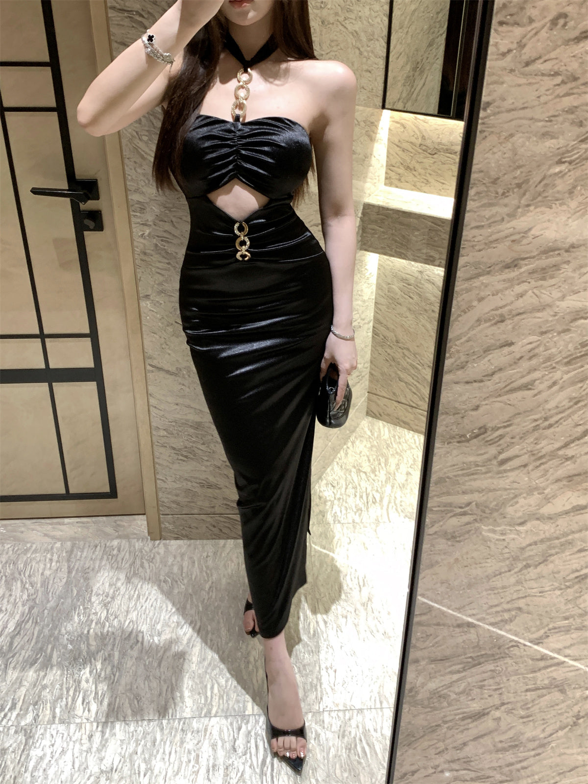 Novelty Black Satin Twist Front Maxi Dress Elegant Gold Hardware Cutout Side Slit Halter Long Dress AP2037