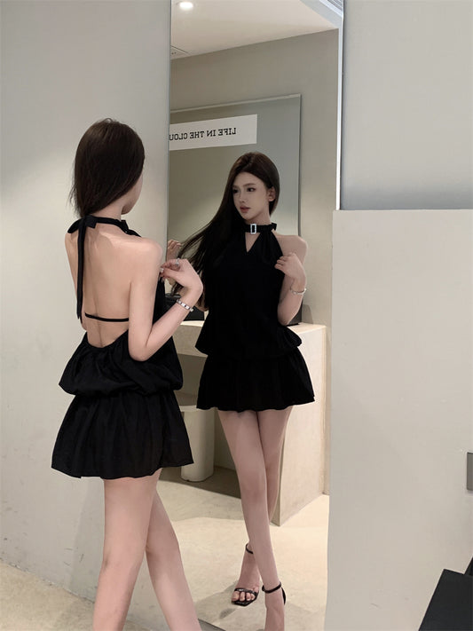 Gen Z Hot Girls Cutout Front Black Mini Skirt Retro Tiered Ruffled Hem Date Nights Halter Short Dress AP2040