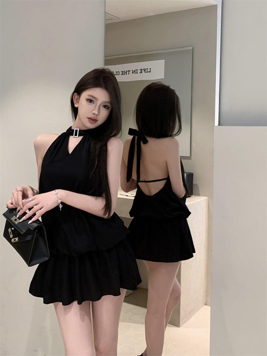Gen Z Hot Girls Cutout Front Black Mini Skirt Retro Tiered Ruffled Hem Date Nights Halter Short Dress AP2040