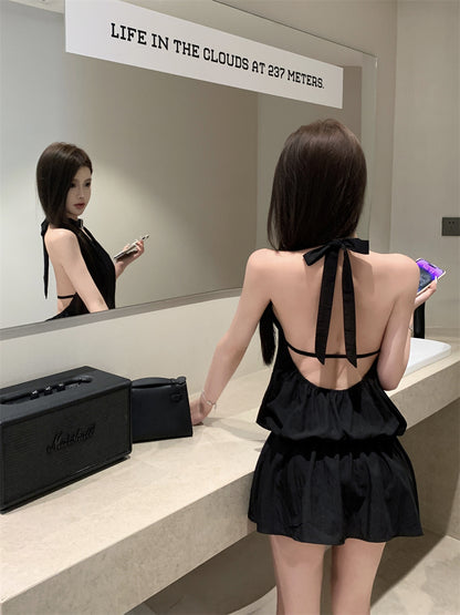 Gen Z Hot Girls Cutout Front Black Mini Skirt Retro Tiered Ruffled Hem Date Nights Halter Short Dress AP2040