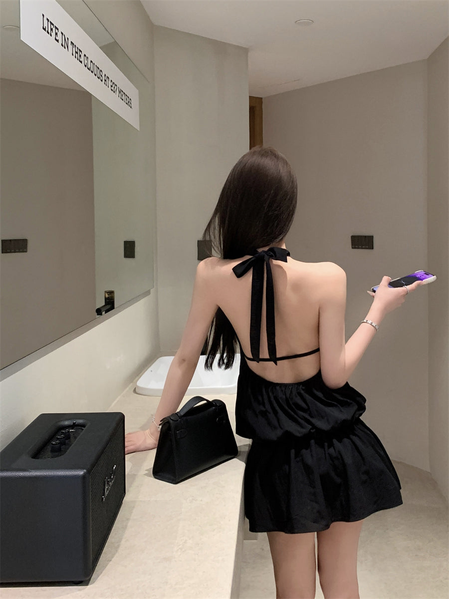 Gen Z Hot Girls Cutout Front Black Mini Skirt Retro Tiered Ruffled Hem Date Nights Halter Short Dress AP2040