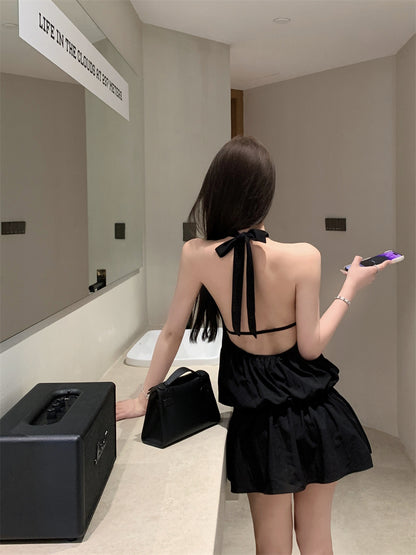Gen Z Hot Girls Cutout Front Black Mini Skirt Retro Tiered Ruffled Hem Date Nights Halter Short Dress AP2040
