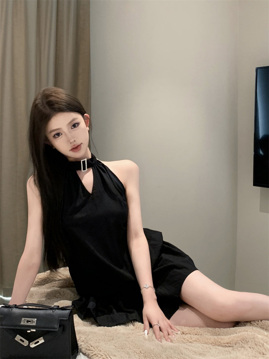 Gen Z Hot Girls Cutout Front Black Mini Skirt Retro Tiered Ruffled Hem Date Nights Halter Short Dress AP2040