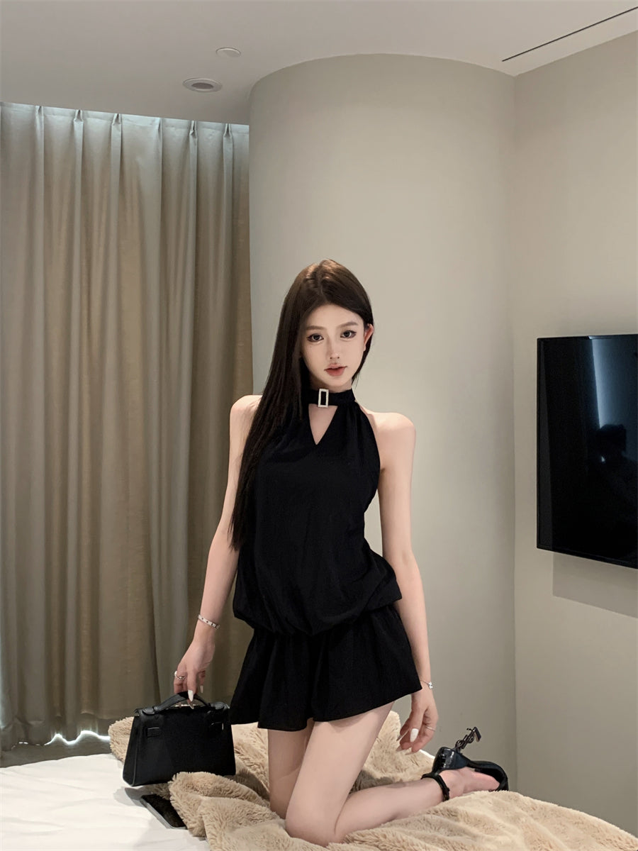 Gen Z Hot Girls Cutout Front Black Mini Skirt Retro Tiered Ruffled Hem Date Nights Halter Short Dress AP2040