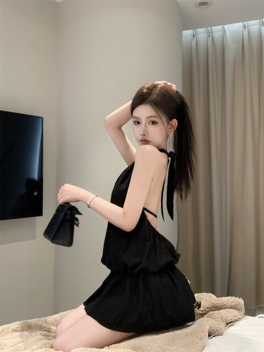 Gen Z Hot Girls Cutout Front Black Mini Skirt Retro Tiered Ruffled Hem Date Nights Halter Short Dress AP2040