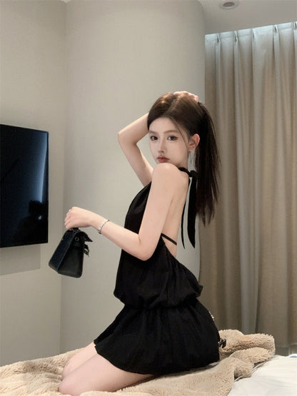 Gen Z Hot Girls Cutout Front Black Mini Skirt Retro Tiered Ruffled Hem Date Nights Halter Short Dress AP2040