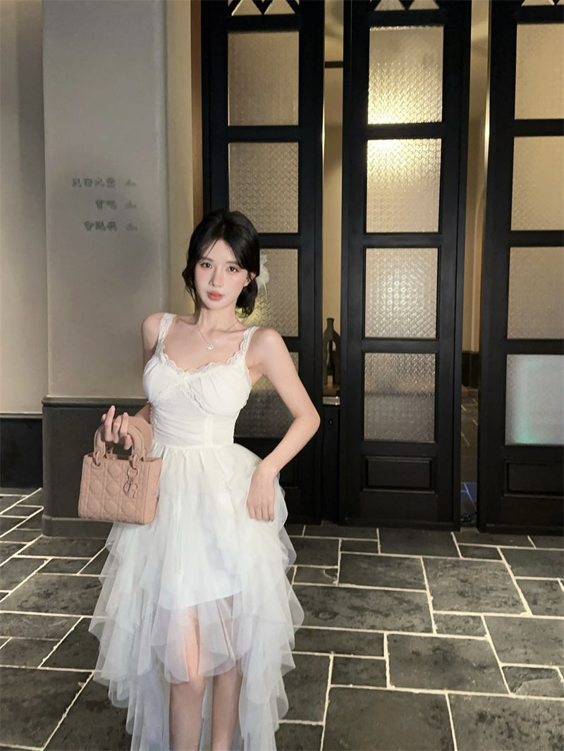 Cute White Spaghetti Strap Lace Trim Maxi Dress Romantic Layered Asymmetric Tulle Long Dress AP2041