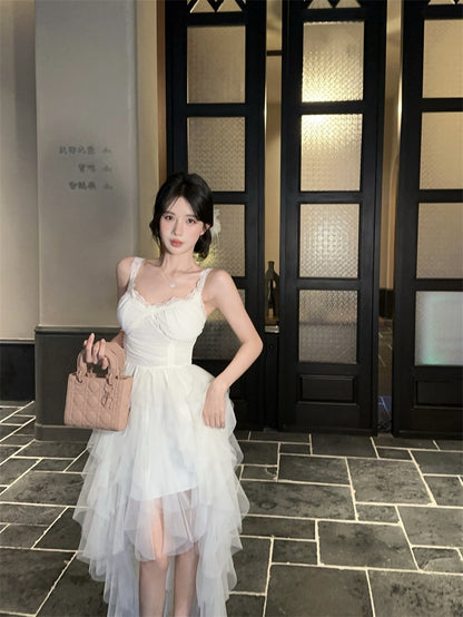 Cute White Spaghetti Strap Lace Trim Maxi Dress Romantic Layered Asymmetric Tulle Long Dress AP2041