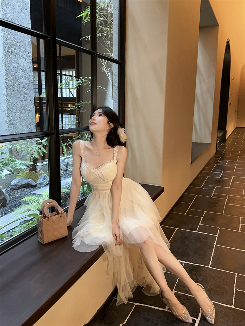 Cute White Spaghetti Strap Lace Trim Maxi Dress Romantic Layered Asymmetric Tulle Long Dress AP2041