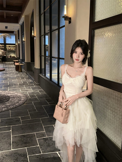 Cute White Spaghetti Strap Lace Trim Maxi Dress Romantic Layered Asymmetric Tulle Long Dress AP2041