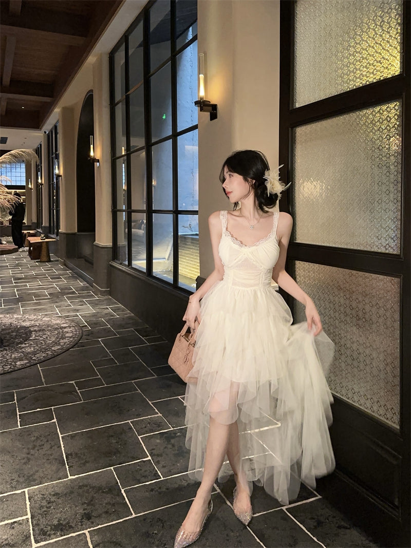 Cute White Spaghetti Strap Lace Trim Maxi Dress Romantic Layered Asymmetric Tulle Long Dress AP2041