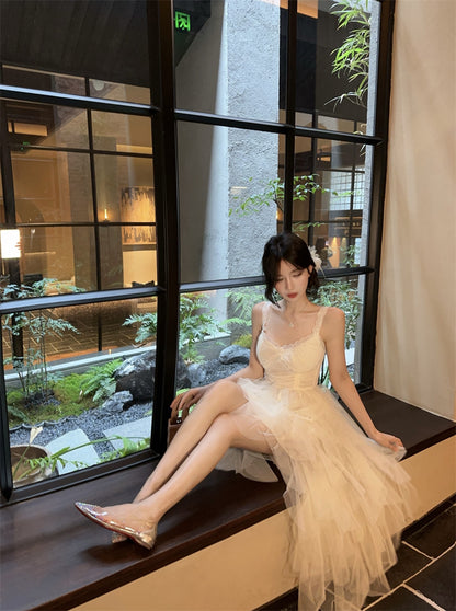 Cute White Spaghetti Strap Lace Trim Maxi Dress Romantic Layered Asymmetric Tulle Long Dress AP2041