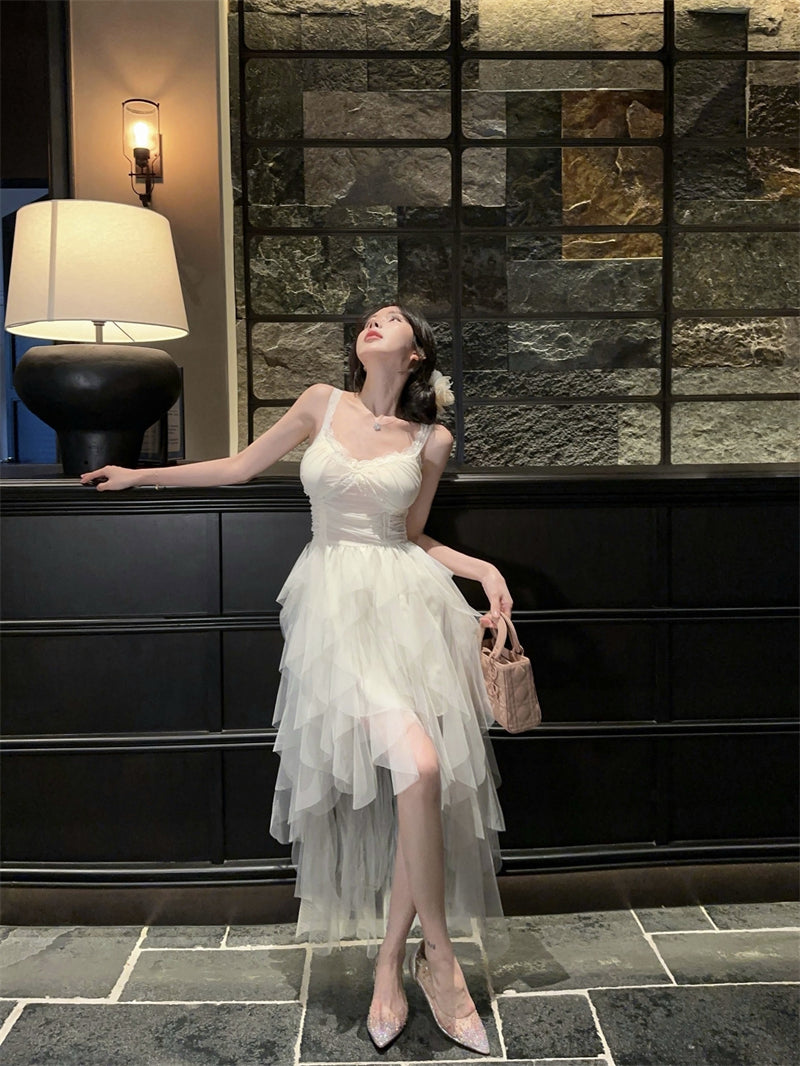 Cute White Spaghetti Strap Lace Trim Maxi Dress Romantic Layered Asymmetric Tulle Long Dress AP2041