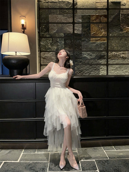 Cute White Spaghetti Strap Lace Trim Maxi Dress Romantic Layered Asymmetric Tulle Long Dress AP2041
