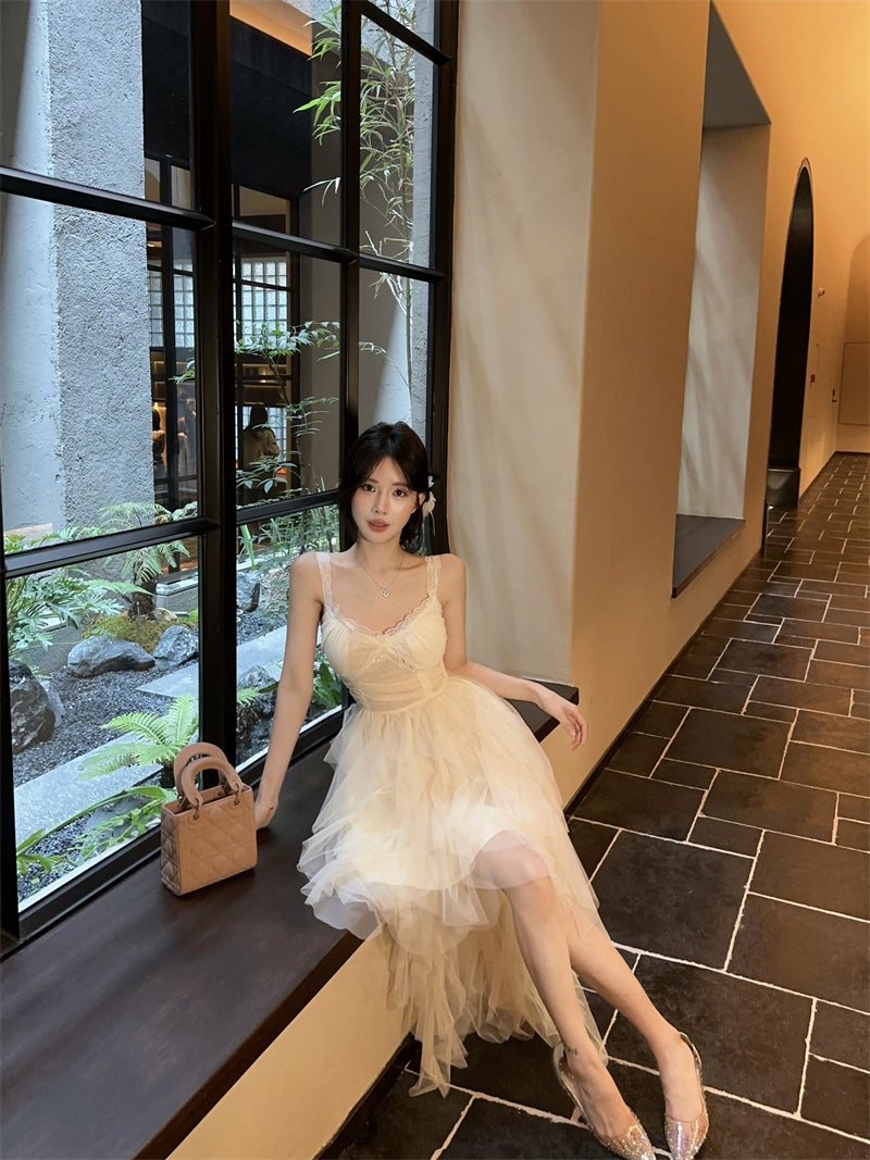 Cute White Spaghetti Strap Lace Trim Maxi Dress Romantic Layered Asymmetric Tulle Long Dress AP2041