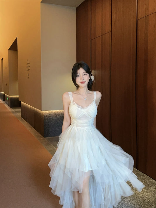 Cute White Spaghetti Strap Lace Trim Maxi Dress Romantic Layered Asymmetric Tulle Long Dress AP2041