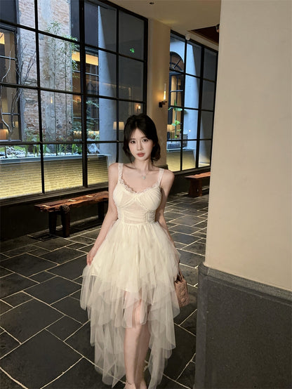 Cute White Spaghetti Strap Lace Trim Maxi Dress Romantic Layered Asymmetric Tulle Long Dress AP2041