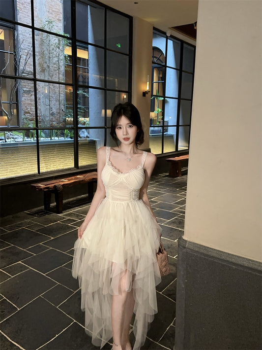 Cute White Spaghetti Strap Lace Trim Maxi Dress Romantic Layered Asymmetric Tulle Long Dress AP2041