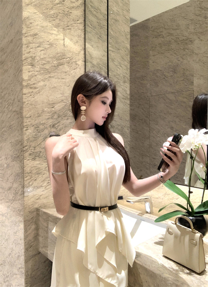 Elegant Beige Sleeveless High-Neck Satin 2-Piece Set Maxi Dress With Belt French-Inspired Asymmetric Draped Details Long Dress AP2043