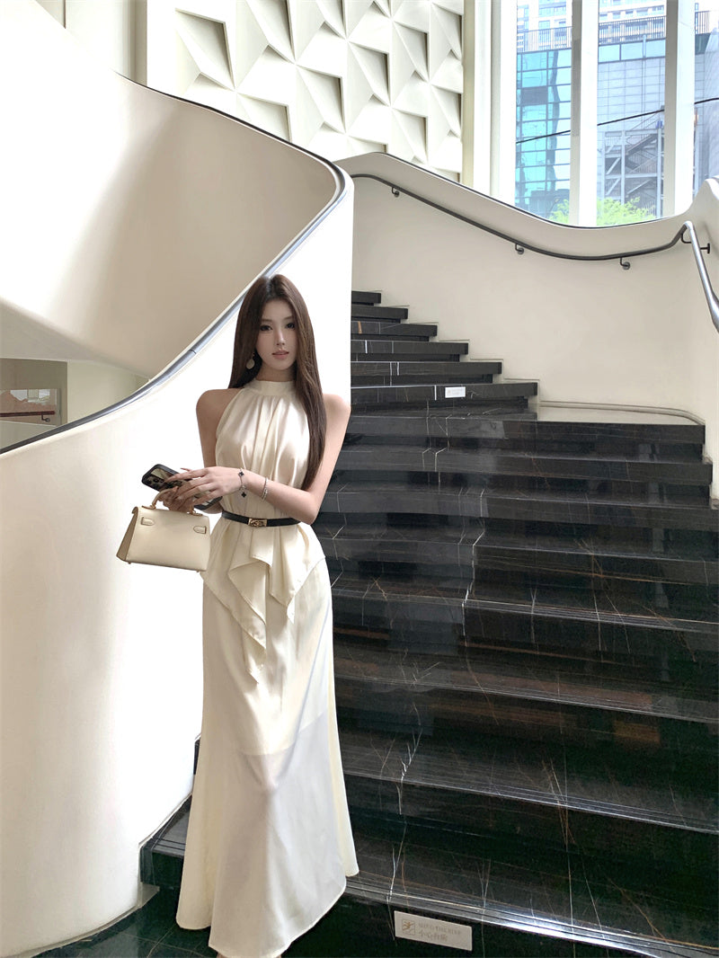 Elegant Beige Sleeveless High-Neck Satin 2-Piece Set Maxi Dress With Belt French-Inspired Asymmetric Draped Details Long Dress AP2043
