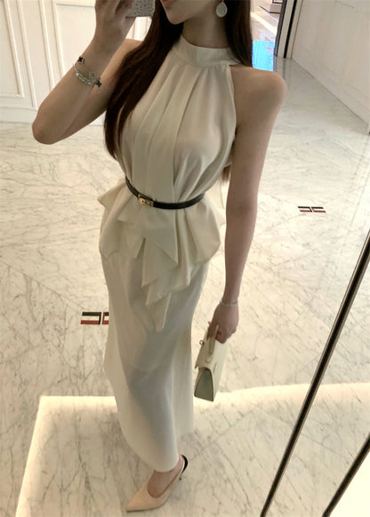 Elegant Beige Sleeveless High-Neck Satin 2-Piece Set Maxi Dress With Belt French-Inspired Asymmetric Draped Details Long Dress AP2043