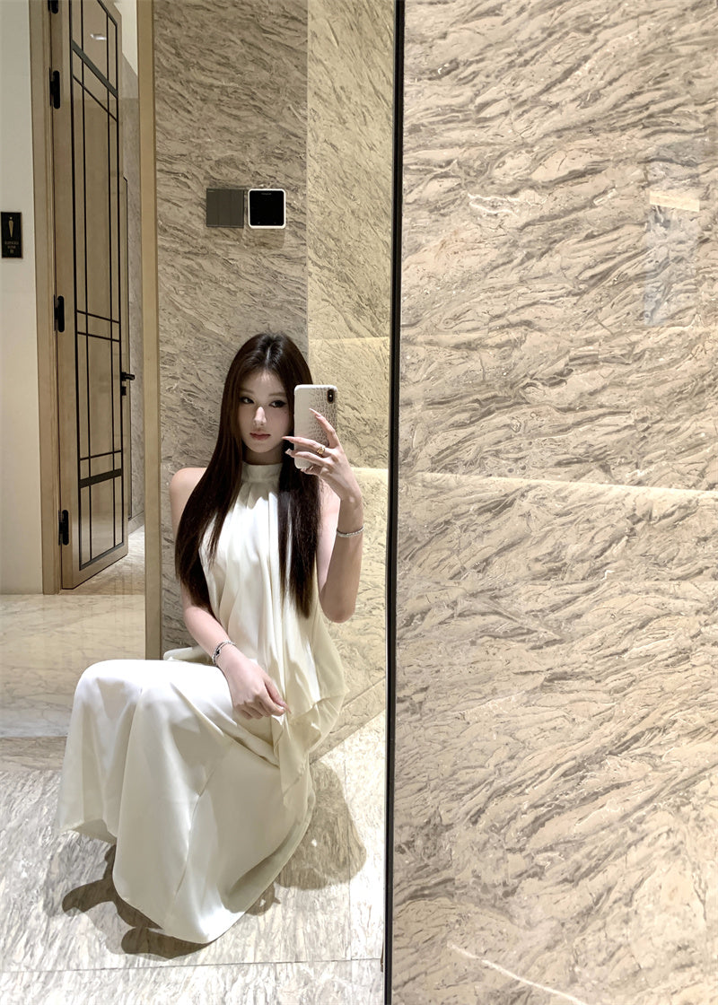 Elegant Beige Sleeveless High-Neck Satin 2-Piece Set Maxi Dress With Belt French-Inspired Asymmetric Draped Details Long Dress AP2043