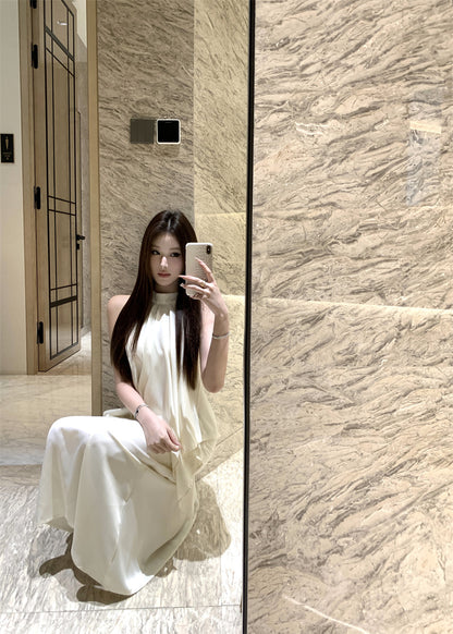 Elegant Beige Sleeveless High-Neck Satin 2-Piece Set Maxi Dress With Belt French-Inspired Asymmetric Draped Details Long Dress AP2043