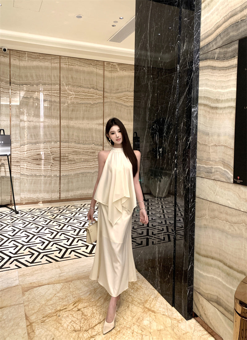 Elegant Beige Sleeveless High-Neck Satin 2-Piece Set Maxi Dress With Belt French-Inspired Asymmetric Draped Details Long Dress AP2043