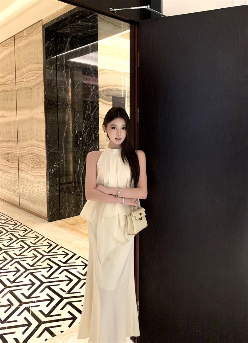 Elegant Beige Sleeveless High-Neck Satin 2-Piece Set Maxi Dress With Belt French-Inspired Asymmetric Draped Details Long Dress AP2043