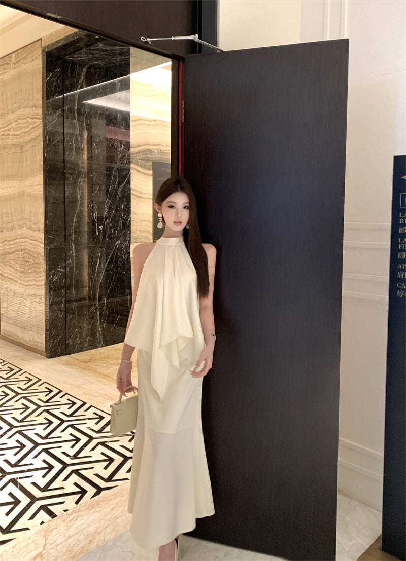 Elegant Beige Sleeveless High-Neck Satin 2-Piece Set Maxi Dress With Belt French-Inspired Asymmetric Draped Details Long Dress AP2043