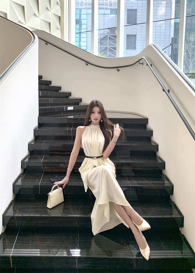 Elegant Beige Sleeveless High-Neck Satin 2-Piece Set Maxi Dress With Belt French-Inspired Asymmetric Draped Details Long Dress AP2043